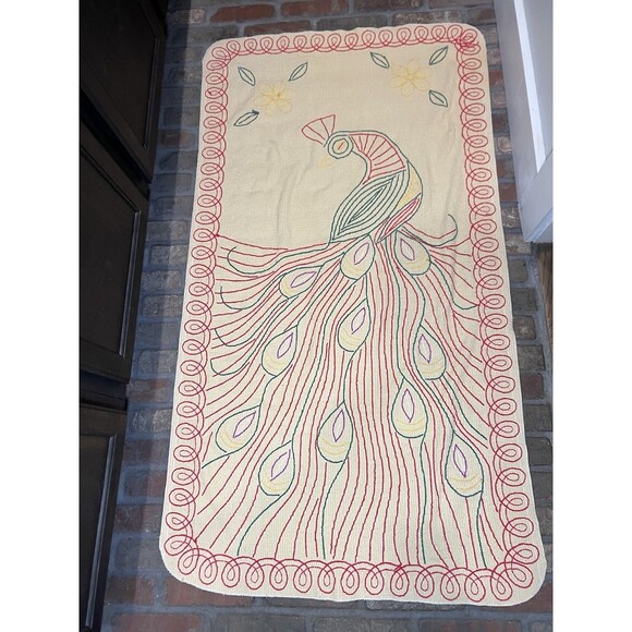 Vintage Chenille Peacock Rug Red Green Yellow White ~ 30”x55” 40-50’s Mod - Picture 10 of 16